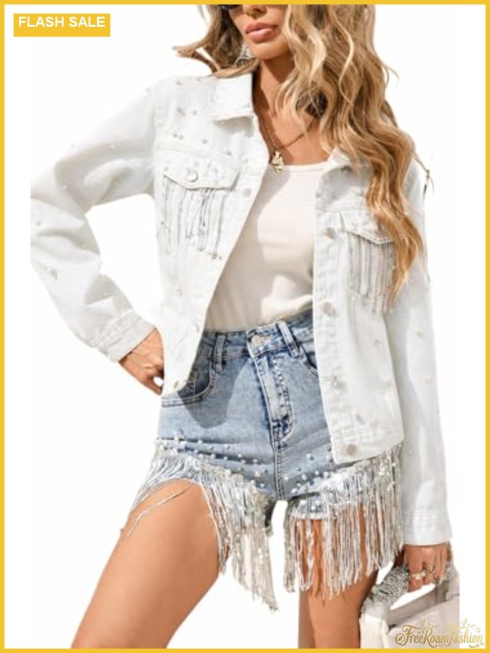 Pearl Tassel Denim Jacket Women Heart Pearl Back Rhinestone Fringe Long Sleeve